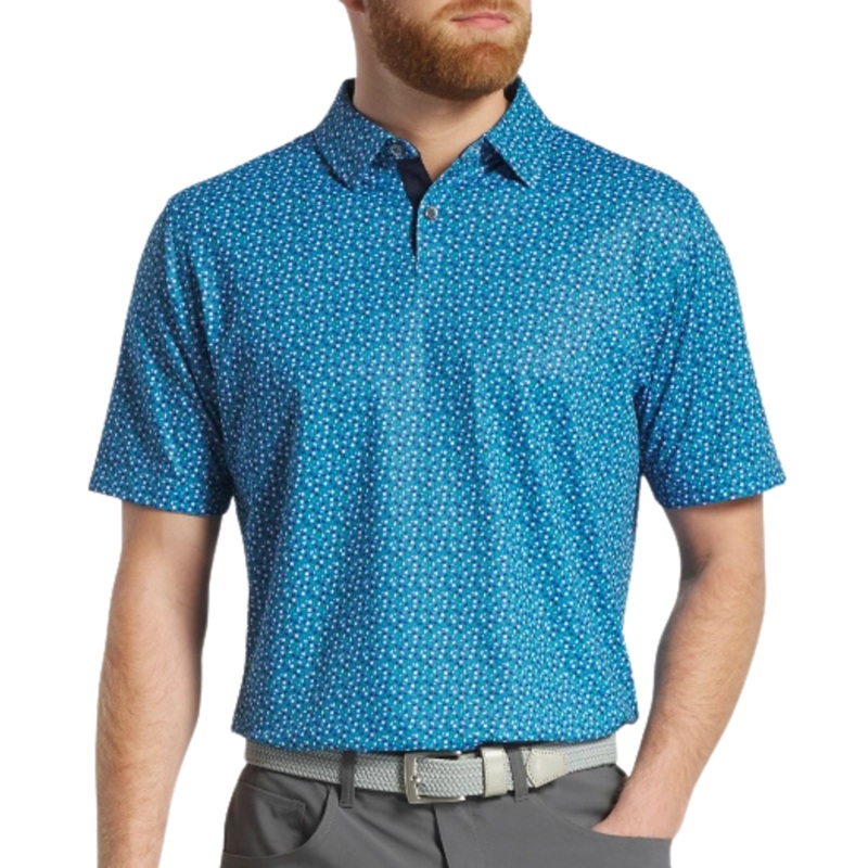 FootJoy Men’s Geometry Print Stretch Pique Polo White/Platinum/Lake Blue/Sunset M