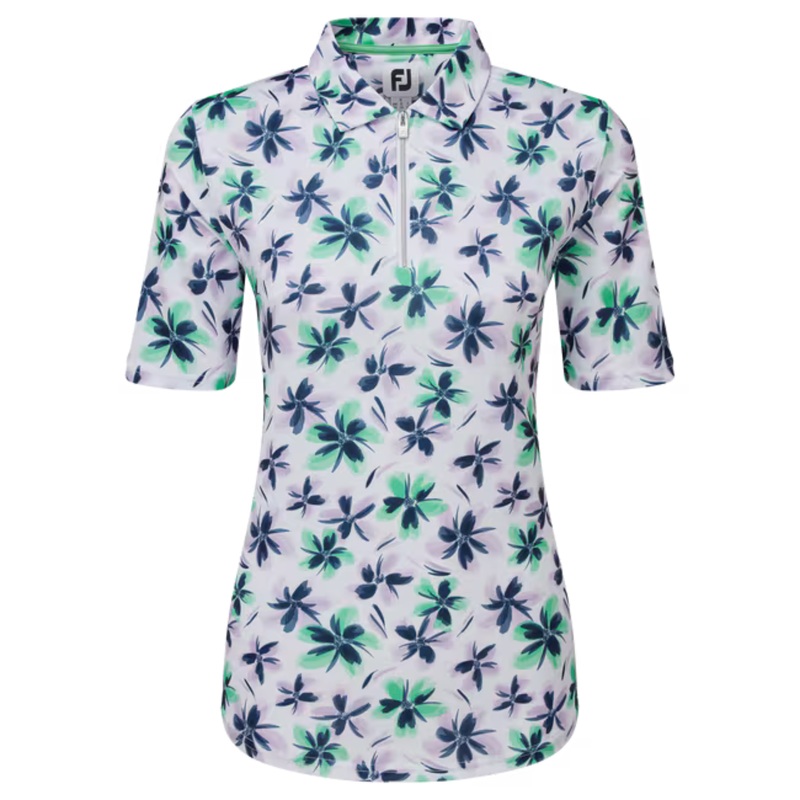 FootJoy Womens 1/4 Zip Short Sleeve Floral Shirt Lavender/Mint/Teal S