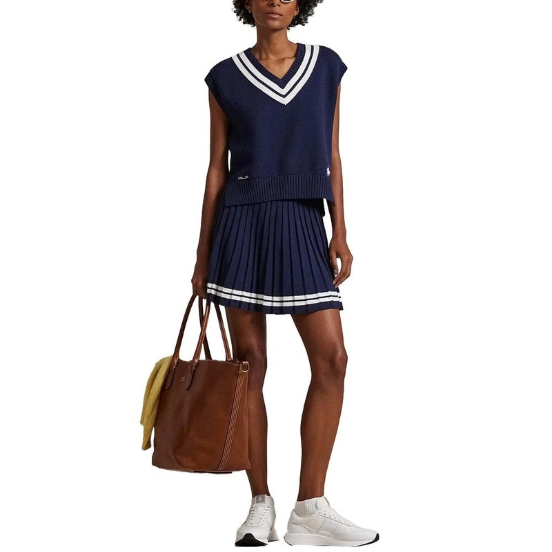 Ralph Lauren Cotton Blend Cricket V-Neck Sweater Golf Vest Refined Navy/Ceramic White – SP25 Women X-Small