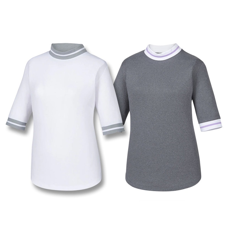 FootJoy Baby Pique Stripe Trim Shortsleeve Golf Mock 2019 Women Charcoal Heather/White/Orchid X-Small