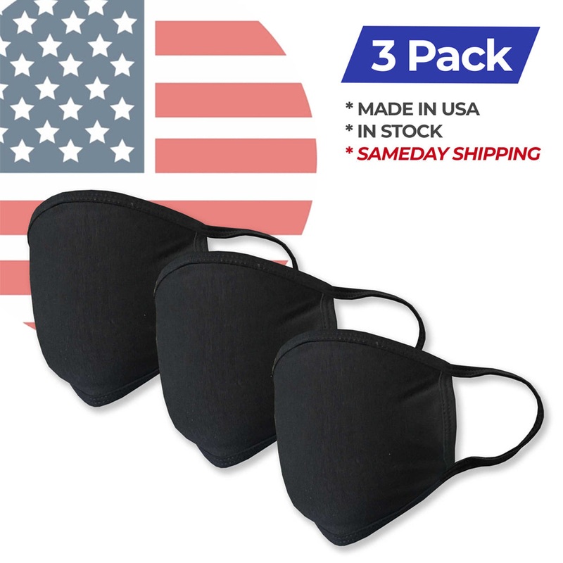 Golfio – Washable Black Fashion Double Layer Fabric Face Mask – 3 Pack Made in USA 3 pcs Black