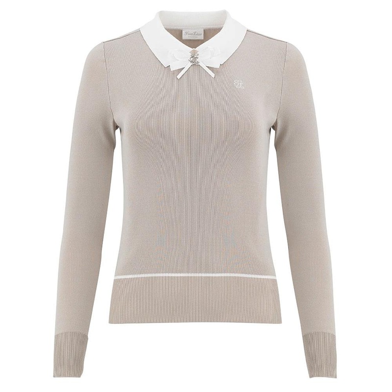 Fairliar Ribbon Collar Point Knit Golf Polo 2023 Women Beige Small