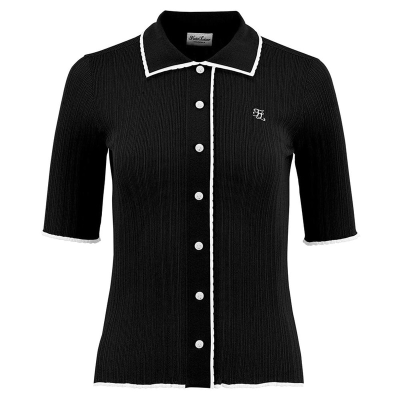 Fairliar Scallop Collar Cropped Sleeve Knit Golf Polo Black – SS24 Women Small
