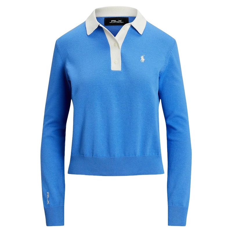 Ralph Lauren 4-Button Placket Cotton Blend Golf Polo (Dual Branded) Summer Blue/Ceramic White – SP25 Women X-Small