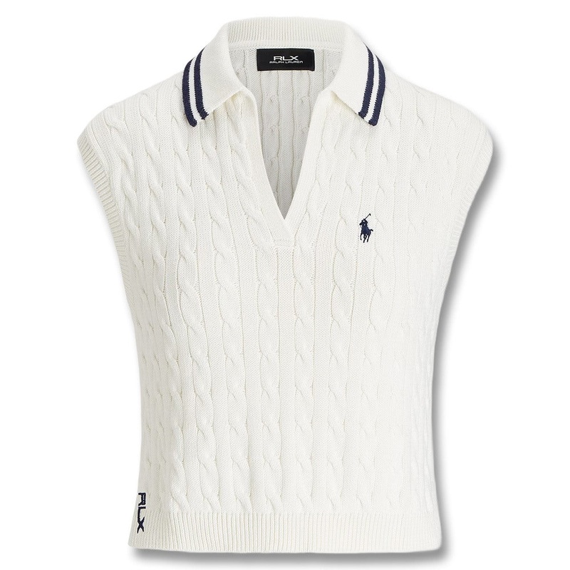 Ralph Lauren Wool Blend Cabel Knit V-Neck w/Johnny Collar Golf Polo White Splash/Refined Navy – SP25 Women X-Small