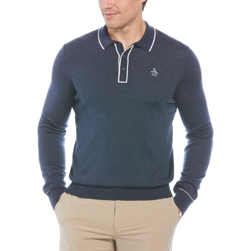 Original Penguin Earl Merino Wool Blend Golf Sweater Black Iris Bijou Heather – FA23 Men Small