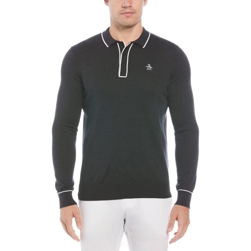 Original Penguin Earl Merino Wool Blend Golf Sweater Dark Caviar Heather – FA23 Men Small
