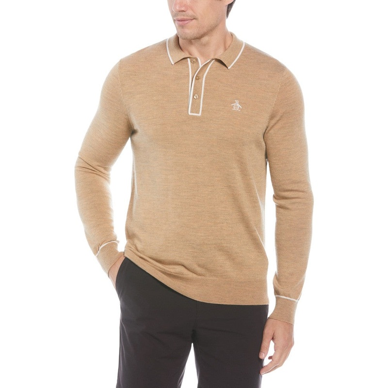 Original Penguin Earl Merino Wool Blend Golf Sweater Light Prairie Sand Heather – FA23 Men Small