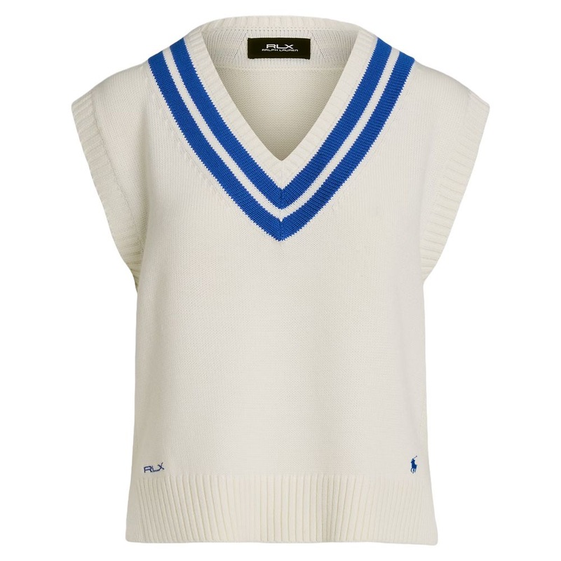 Ralph Lauren Cotton V-Neck Sweater Golf Vest Ceramic White/Iris Blue – FW24 Women X-Small