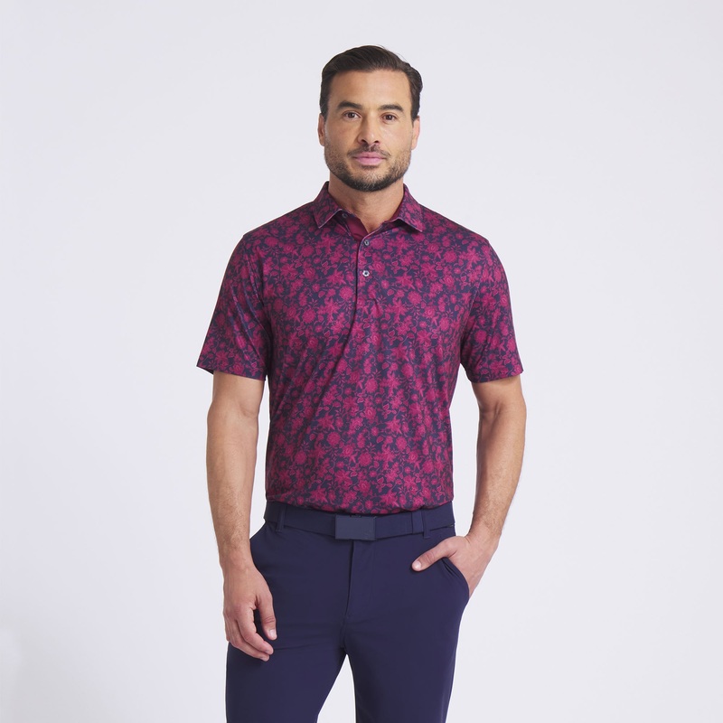 CLOUDSPUN Carmela Floral Golf Polo Deep Navy / Ruby Shimmer L